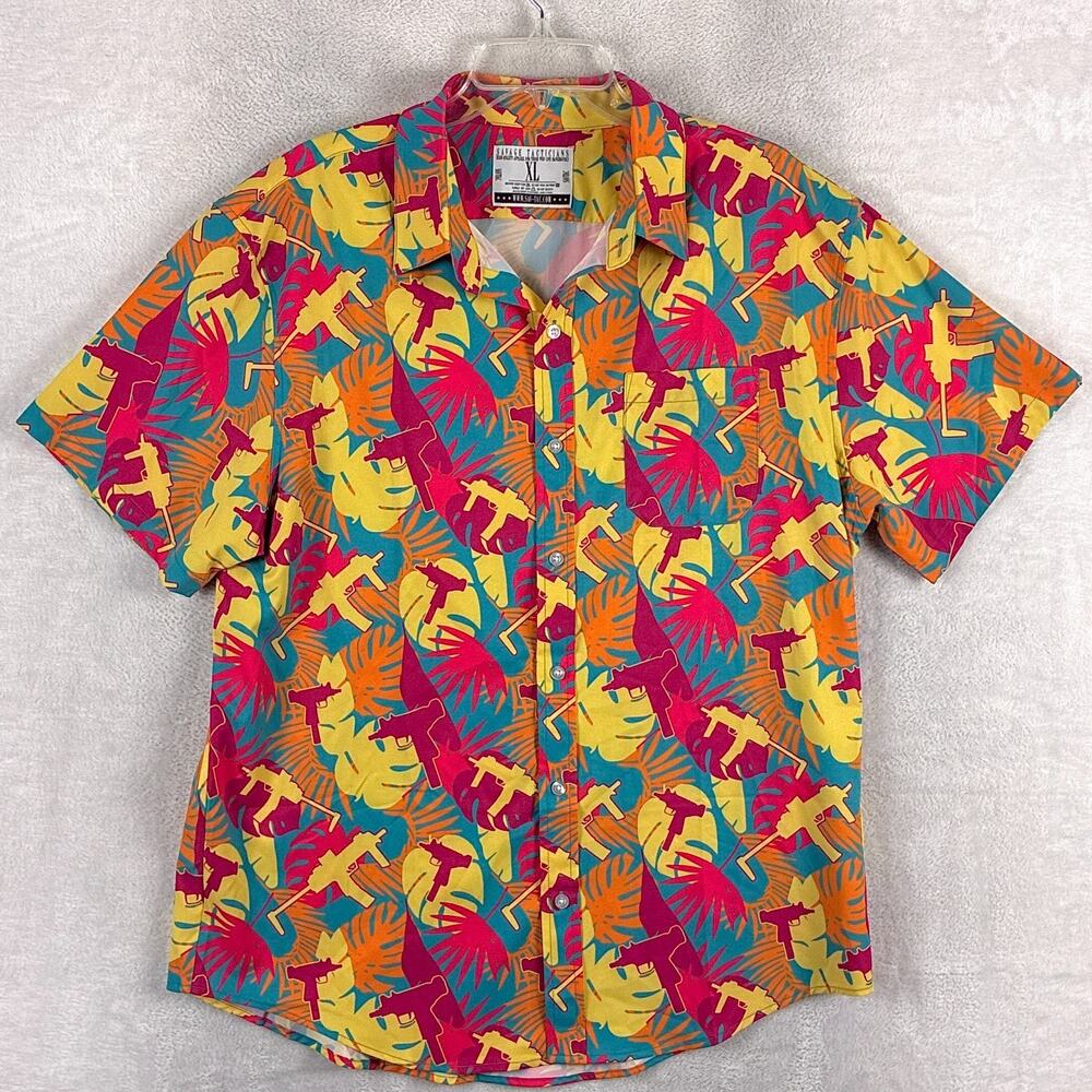 Savage Tacticians Hawaiian Shirt Mens XL Multicolor Uzi MP5 AOP Aloha Beach Tiki
